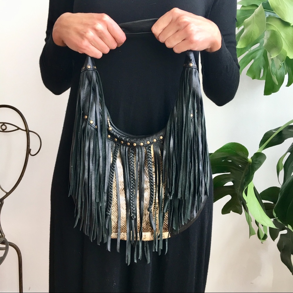 Genuine black leather and snakeskin fringe bag